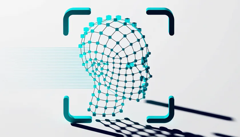 Diagram: a geometric face mesh with landmark points inside a scanning frame