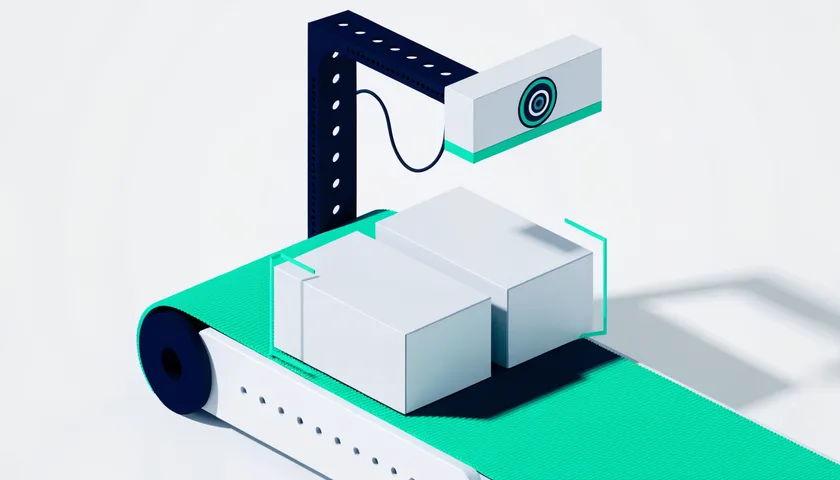 Diagram: a conveyor belt with detection brackets on items and an overhead camera